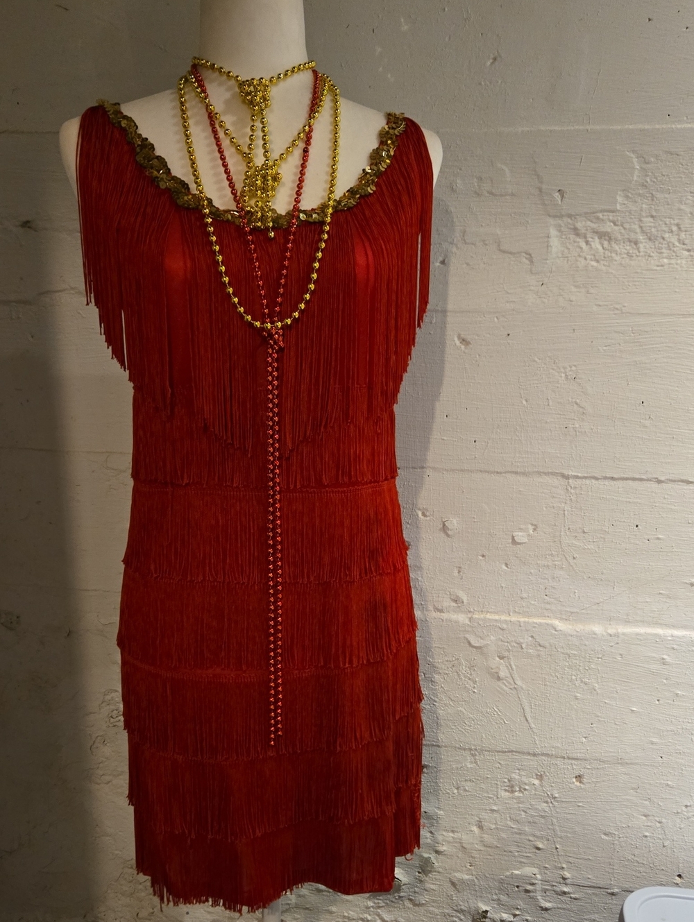 Flirty Red Fringe Mini Dress with Gold Trim